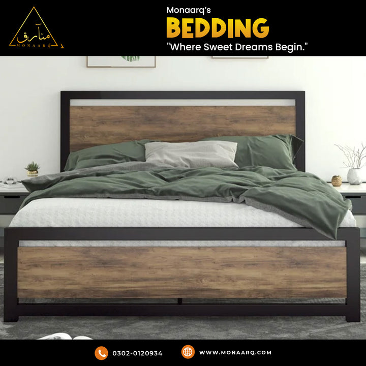 Wood and Black Metal Frame Bed with Headboard