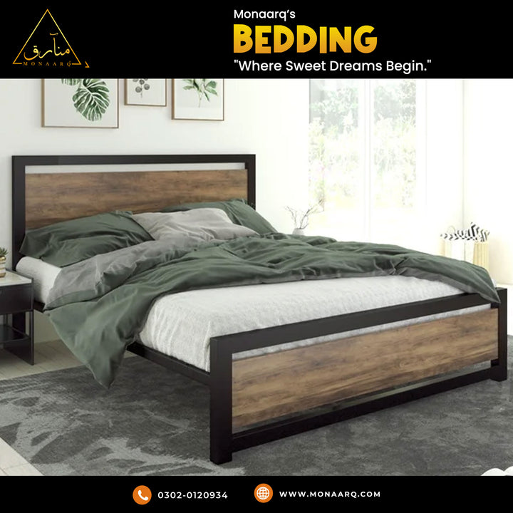 Wood and Black Metal Frame Bed with Headboard